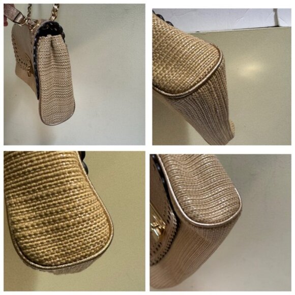 Michael Kors Violet Vivian Leather Straw Raffia Metallic Chain Shoulder Bag Tote - Picture 12 of 16